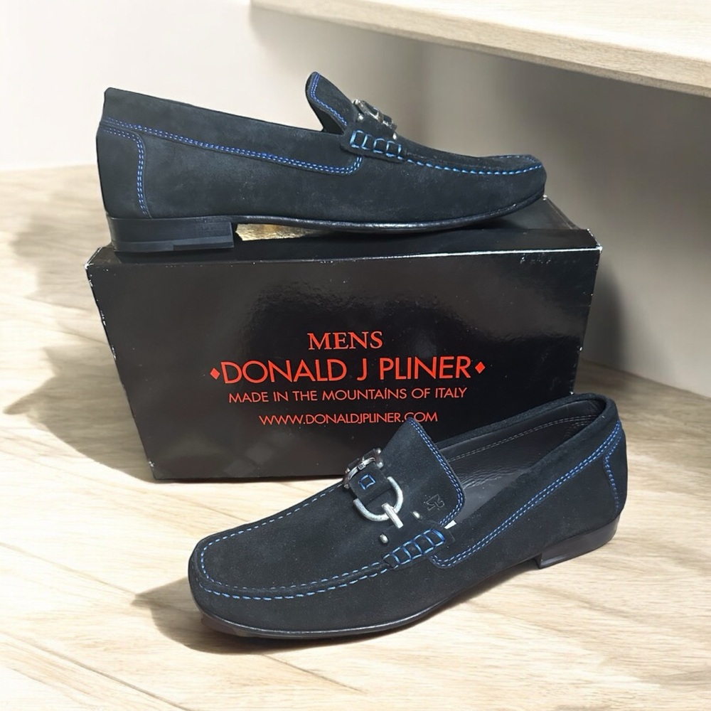 Black suede loafers with blue stitching